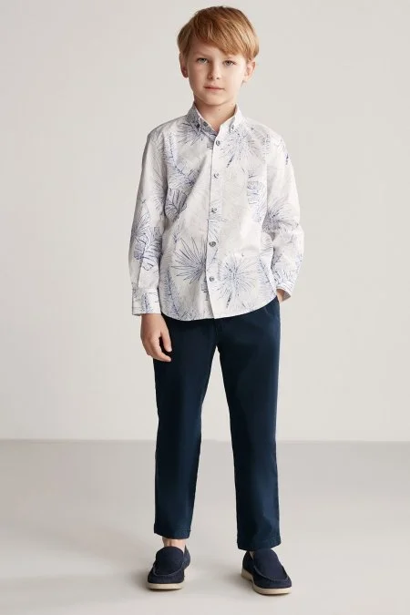 Desenli Keten Pamuk Karışım Beyaz Çocuk Spor Gömlek