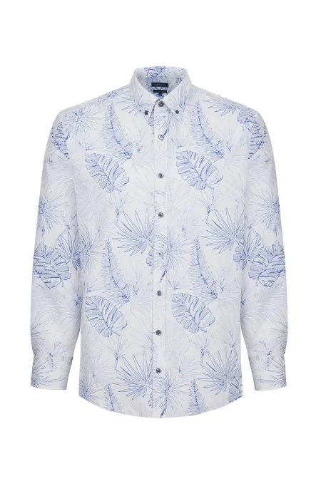 Desenli Keten Pamuk Karışım Beyaz Spor Gömlek