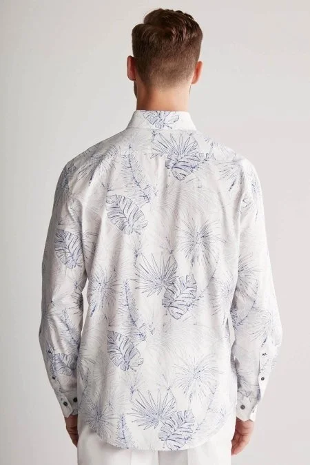 Desenli Keten Pamuk Karışım Beyaz Spor Gömlek
