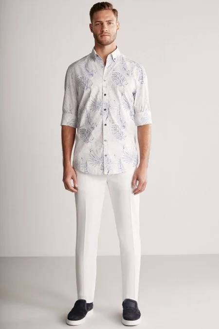 Desenli Keten Pamuk Karışım Beyaz Spor Gömlek