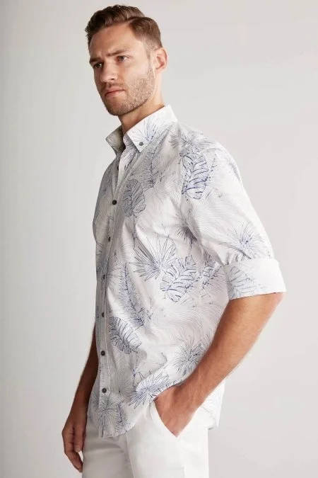 Desenli Keten Pamuk Karışım Beyaz Spor Gömlek