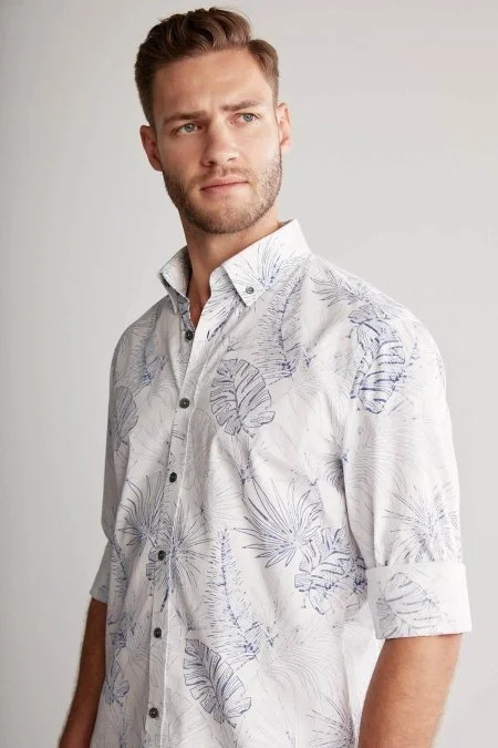 Desenli Keten Pamuk Karışım Beyaz Spor Gömlek