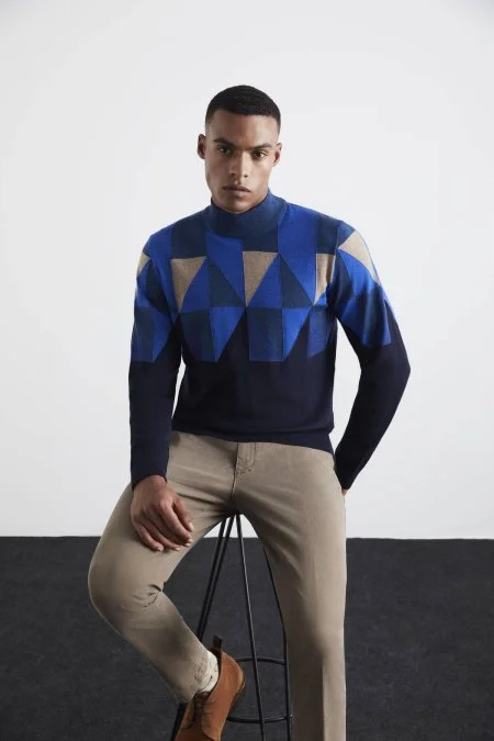 Desenli Lacivert-Camel Lupetto Yaka Merino Yün Triko