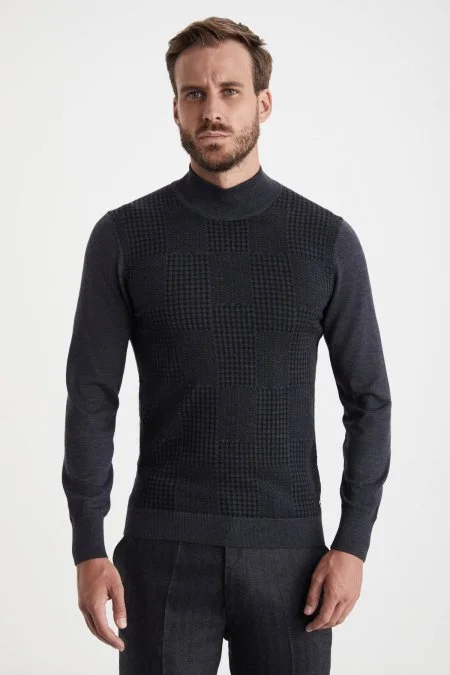 Desenli Lupetto Yaka Merino Yün Antrasit Triko