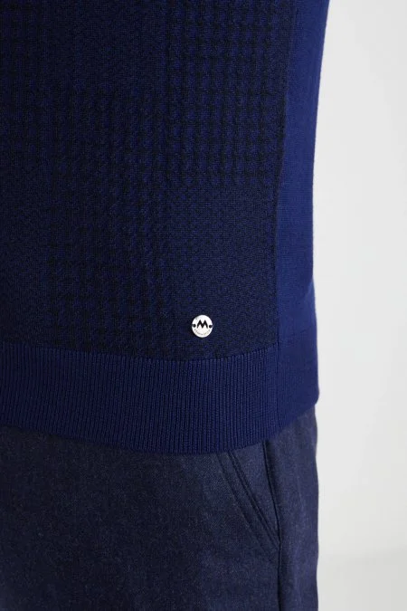 Desenli Lupetto Yaka Merino Yün Koyu Mavi Triko