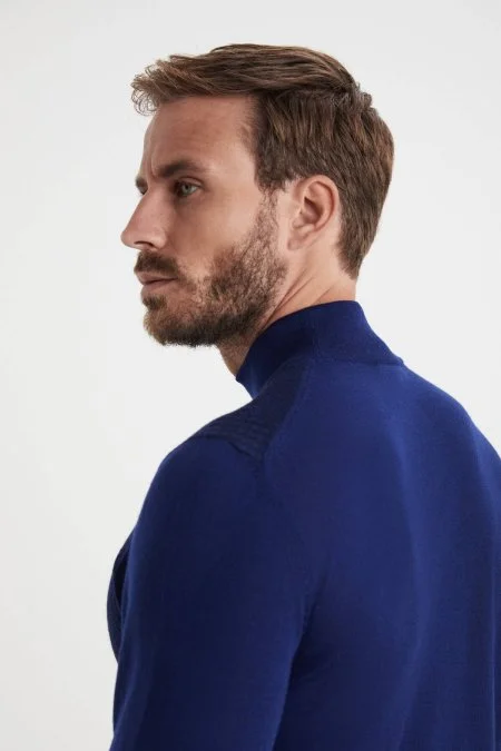 Desenli Lupetto Yaka Merino Yün Koyu Mavi Triko