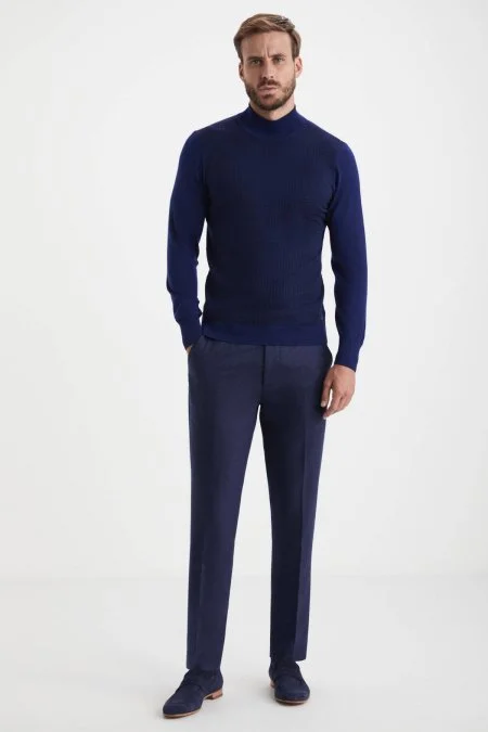 Desenli Lupetto Yaka Merino Yün Koyu Mavi Triko