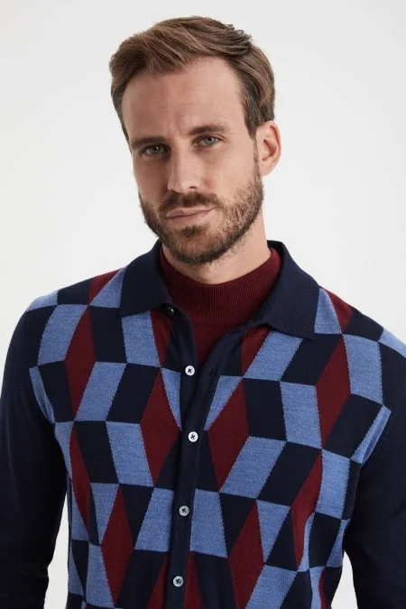 Desenli Merino Yün Lacivert Triko Gömlek