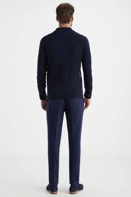 Desenli Merino Yün Lacivert Triko Gömlek