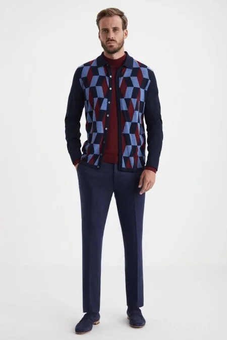 Desenli Merino Yün Lacivert Triko Gömlek