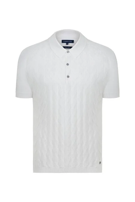 Desenli Saf Pamuk Kırık Beyaz Triko Polo