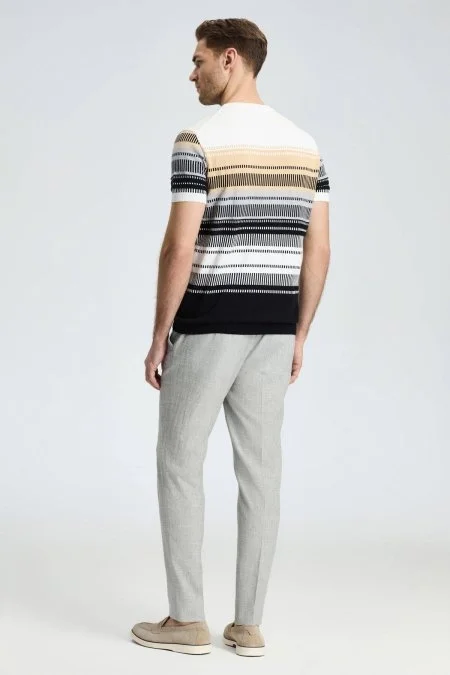 Siyah-Açık Gri Desen Bisiklet Yaka Saf Pamuk Triko T-Shirt