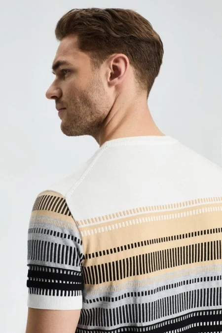 Siyah-Açık Gri Desen Bisiklet Yaka Saf Pamuk Triko T-Shirt