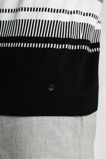 Siyah-Açık Gri Desen Bisiklet Yaka Saf Pamuk Triko T-Shirt