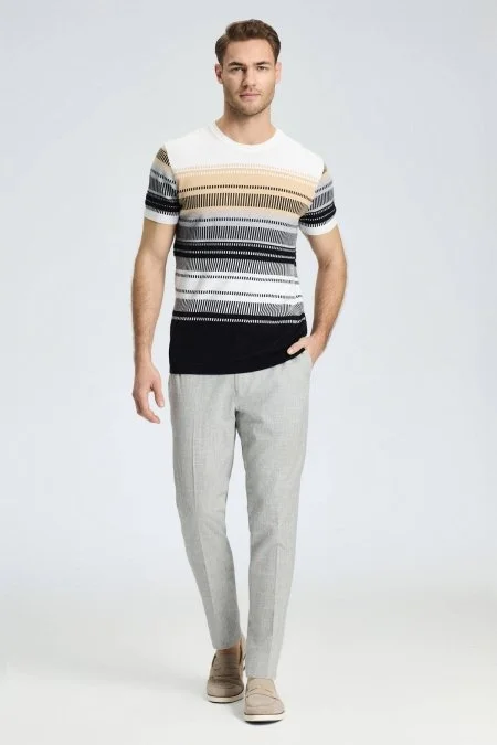 Siyah-Açık Gri Desen Bisiklet Yaka Saf Pamuk Triko T-Shirt