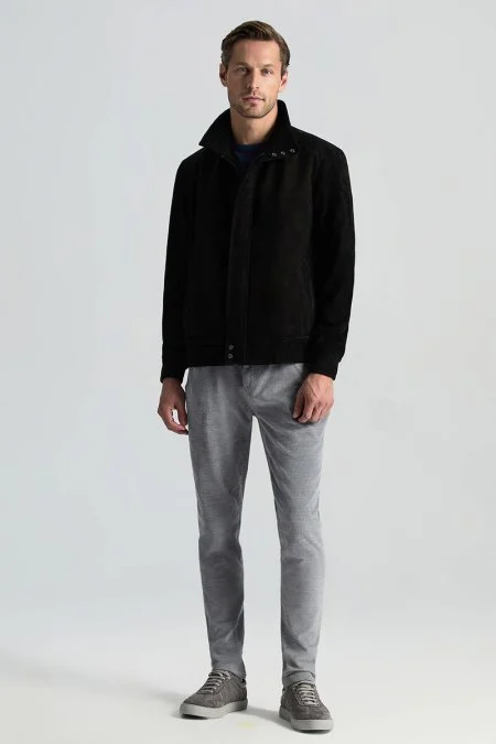 Doğal Deri Metal Düğmeli Siyah Spor Ceket