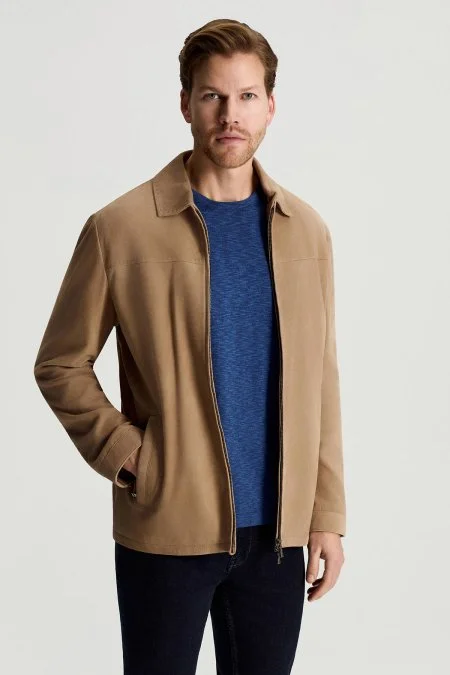 Doğal Süet Kahverengi Deri Ceket