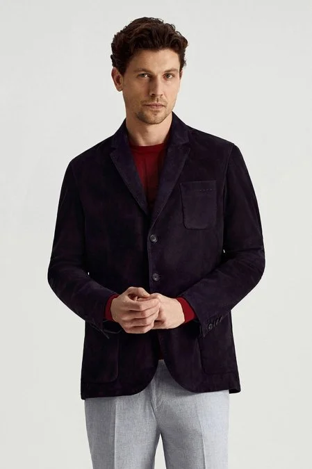Doğal Süet Deri Lacivert Spor Ceket
