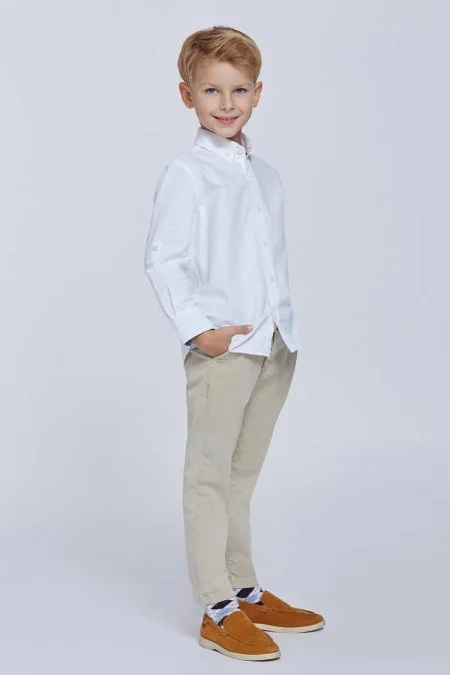 Düğmeli Yaka Beyaz Saf Pamuk Çocuk Gömlek