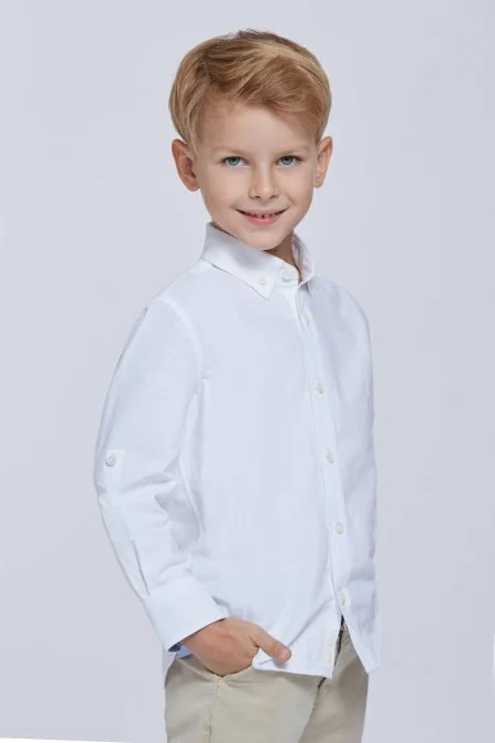 Düğmeli Yaka Beyaz Saf Pamuk Çocuk Gömlek