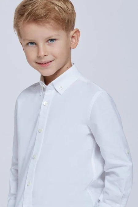 Düğmeli Yaka Beyaz Saf Pamuk Çocuk Gömlek
