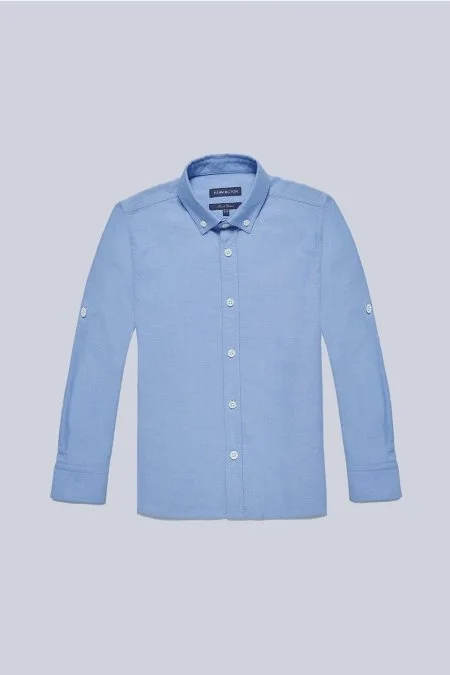 Düğmeli Yaka Mavi Saf Pamuk Çocuk Gömlek