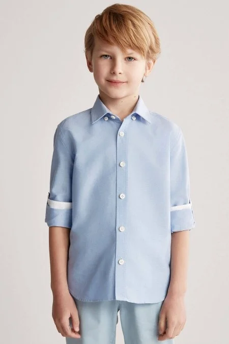 Düğmeli Yaka Mavi Saf Pamuk Çocuk Gömlek
