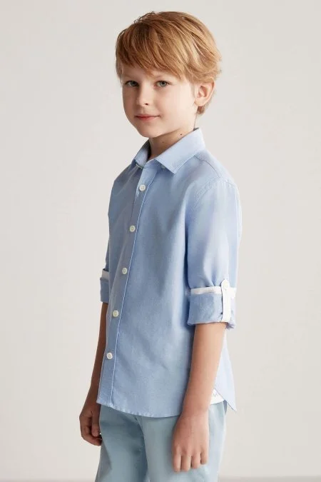 Düğmeli Yaka Mavi Saf Pamuk Çocuk Gömlek