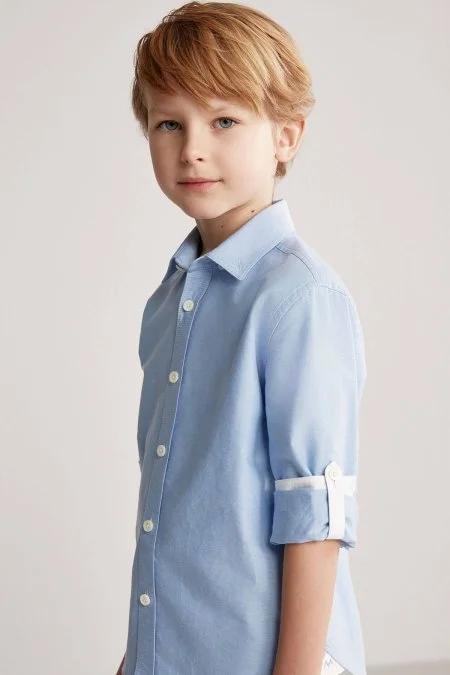 Düğmeli Yaka Mavi Saf Pamuk Çocuk Gömlek