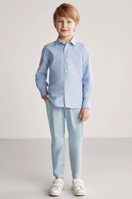 Düğmeli Yaka Mavi Saf Pamuk Çocuk Gömlek
