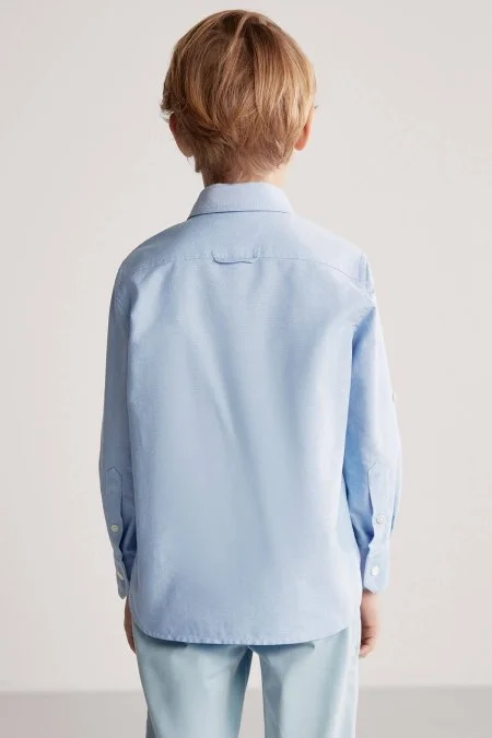 Düğmeli Yaka Mavi Saf Pamuk Çocuk Gömlek