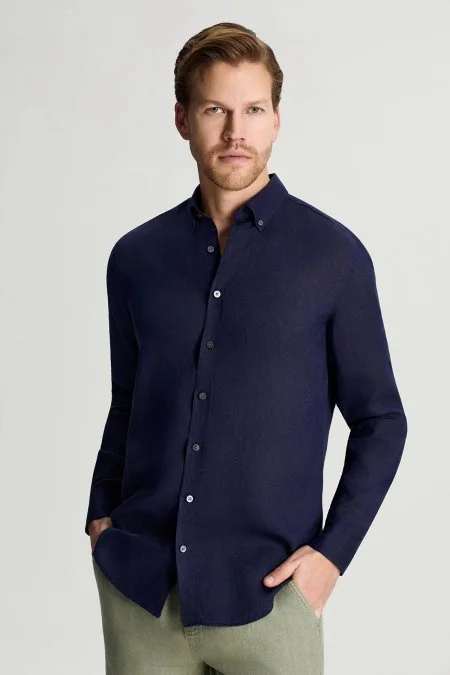 Düğmeli Yaka Saf Keten Koyu Lacivert Gömlek