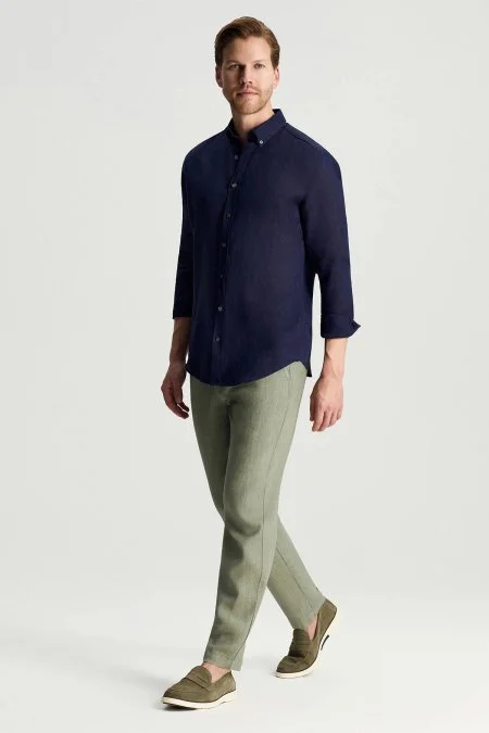 Düğmeli Yaka Saf Keten Koyu Lacivert Gömlek