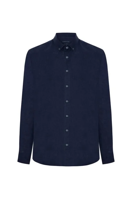 Düğmeli Yaka Saf Keten Koyu Lacivert Gömlek