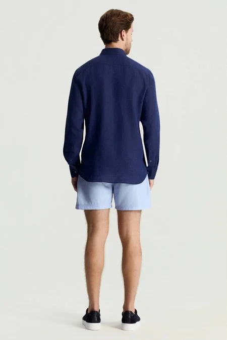 Düğmeli Yaka Saf Keten Lacivert Gömlek