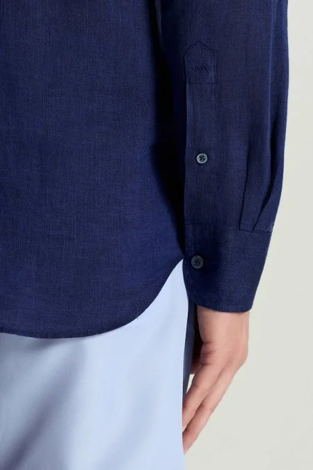 Düğmeli Yaka Saf Keten Lacivert Gömlek