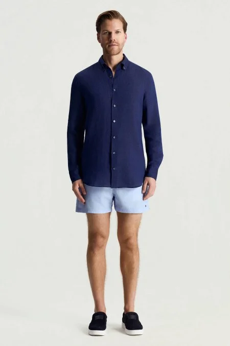 Düğmeli Yaka Saf Keten Lacivert Gömlek
