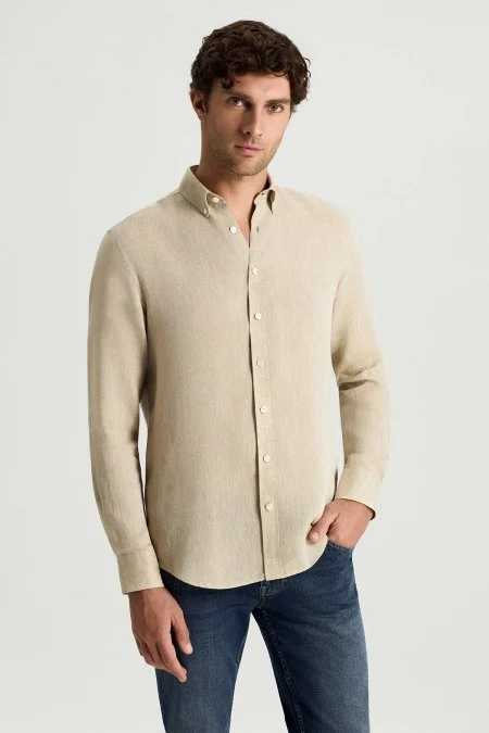 Düğmeli Yaka Saf Keten Taş Rengi Gömlek