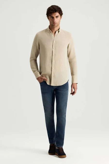 Düğmeli Yaka Saf Keten Taş Rengi Gömlek