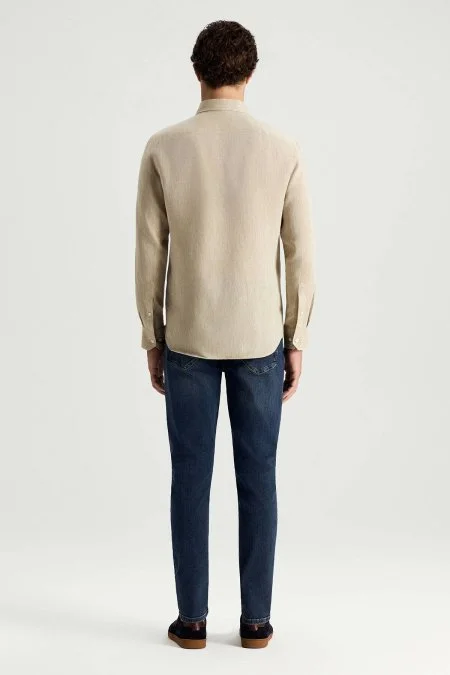 Düğmeli Yaka Saf Keten Taş Rengi Gömlek