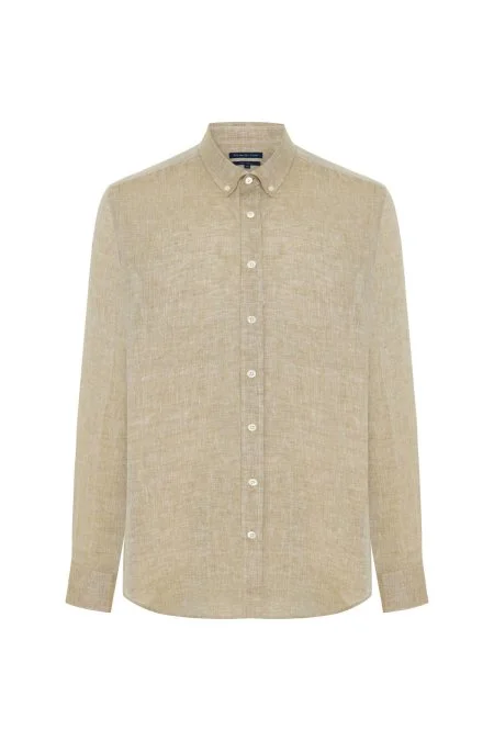 Düğmeli Yaka Saf Keten Taş Rengi Gömlek