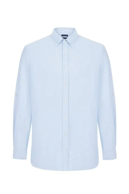 Düğmeli Yaka Saf Pamuk Açık Mavi Gömlek
