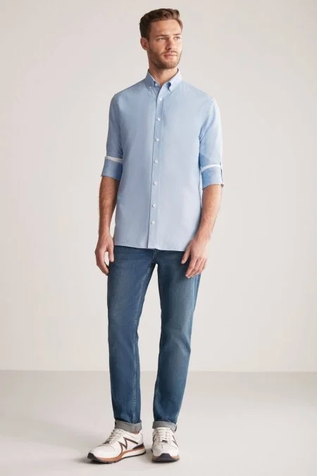 Düğmeli Yaka Saf Pamuk Açık Mavi Gömlek