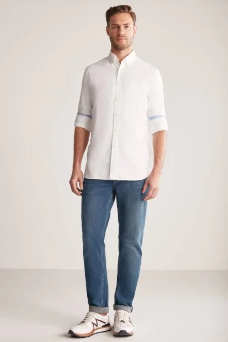 Düğmeli Yaka Saf Pamuk Beyaz Gömlek