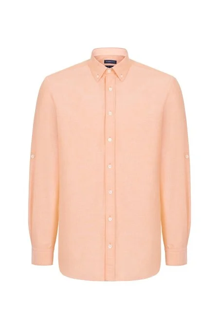 Düğmeli Yaka Saf Pamuk Somon Rengi Gömlek