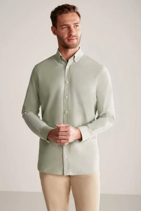 Düğmeli Yaka Saf Pamuk Yeşil Gömlek