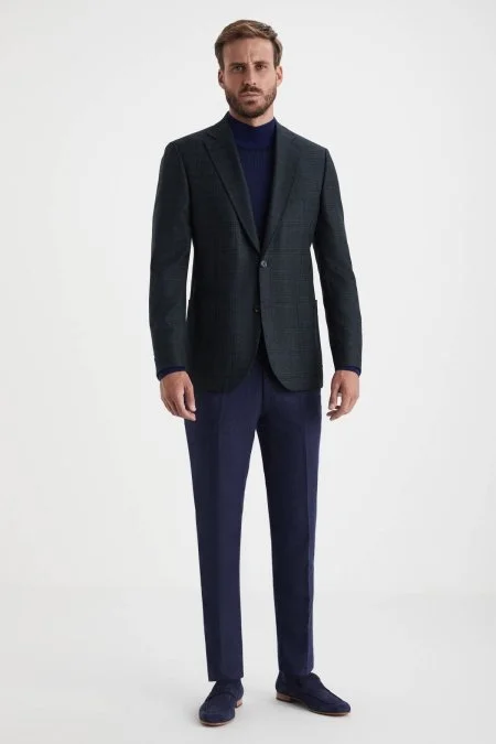 Ekose Desen Koyu Yeşil Saf Yün Ceket