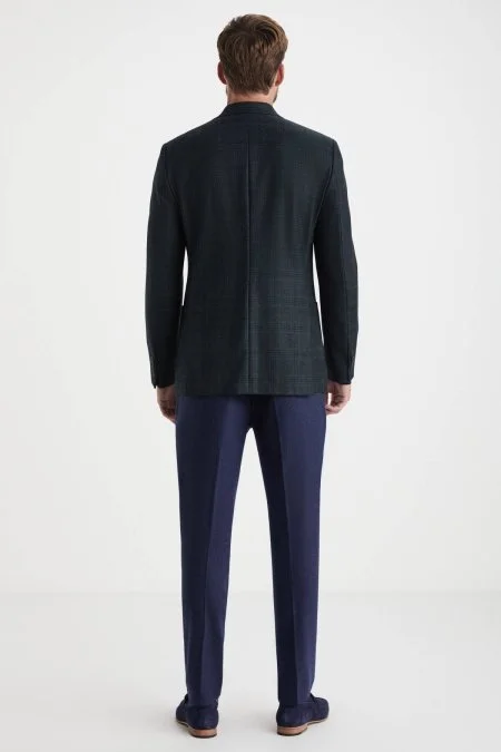 Ekose Desen Koyu Yeşil Saf Yün Ceket