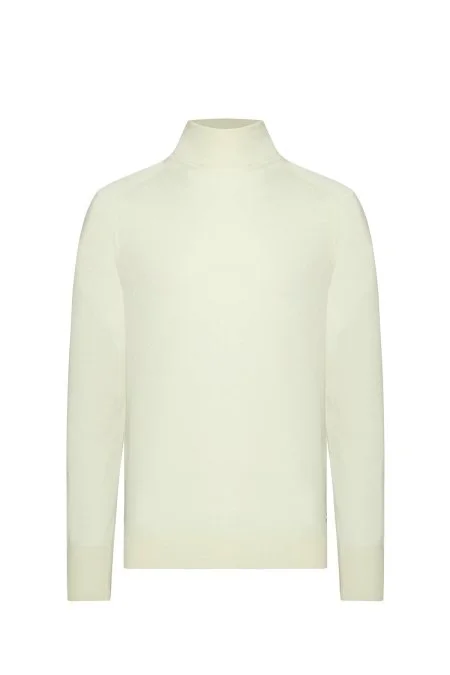 Ekru Boğazlı Slim Fit Merino Yün Triko
