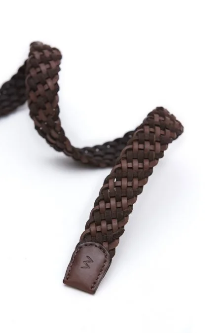 Koyu Kahverengi El Yapımı Süet Deri Örgü Kemer